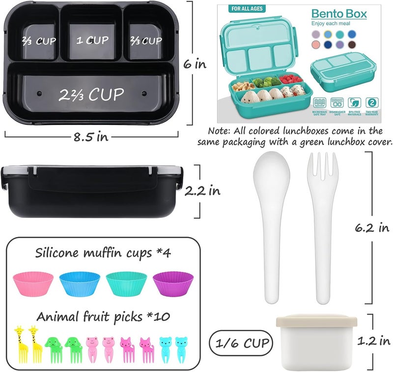 QQKO Bento Box for Kids Adults, School Toddler Lunch Box for Boys Girls, Lunch Box Containers with 4 Compartments, Sauce Container, Utensils, Food Picks and Muffin Cups for School, Black Gray - Image 2
